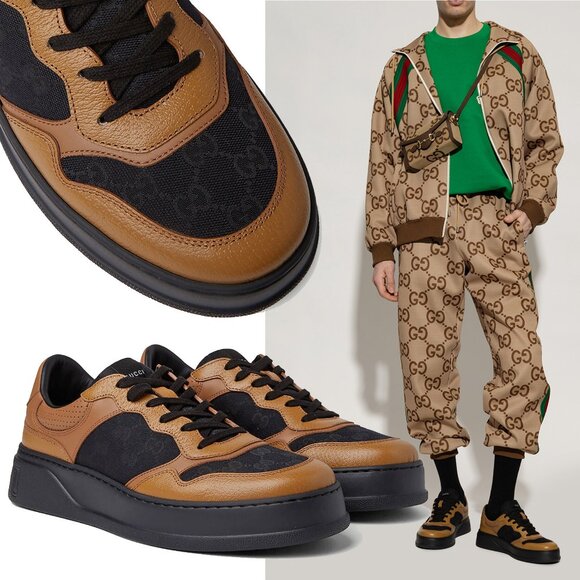 GUCCI MENS SNEAKERS BASKET GG LOGO JACQUARD BROWN LEATHER SHOES sz 10 10.5 US